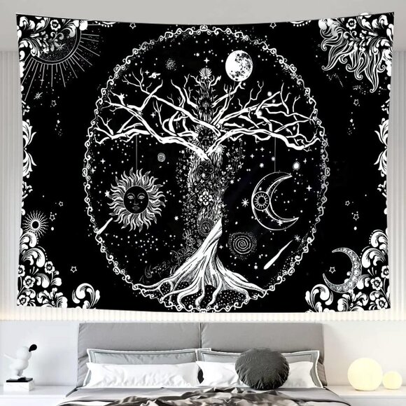 Tree of Life Tapestry, Sun, Moon, Galaxy Space Black & White Tapestry - 70"x90" - Picture 2 of 9